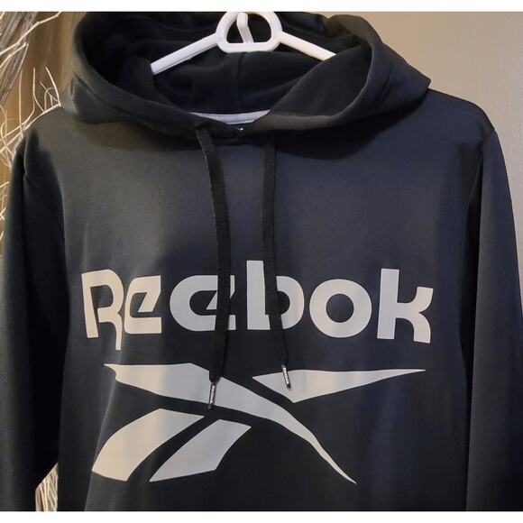 Reebok Hoodie Men Size M Black Spell Out Logo Pocket Polyester Pullover - Picture 3 of 5
